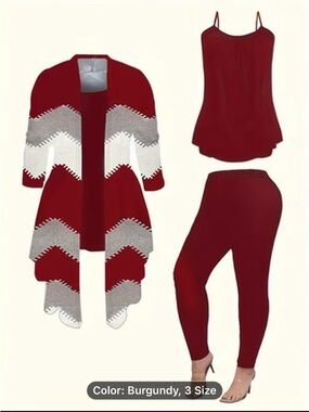 Burgundy 3-Piece Cardigan Set with Tank & Leggings